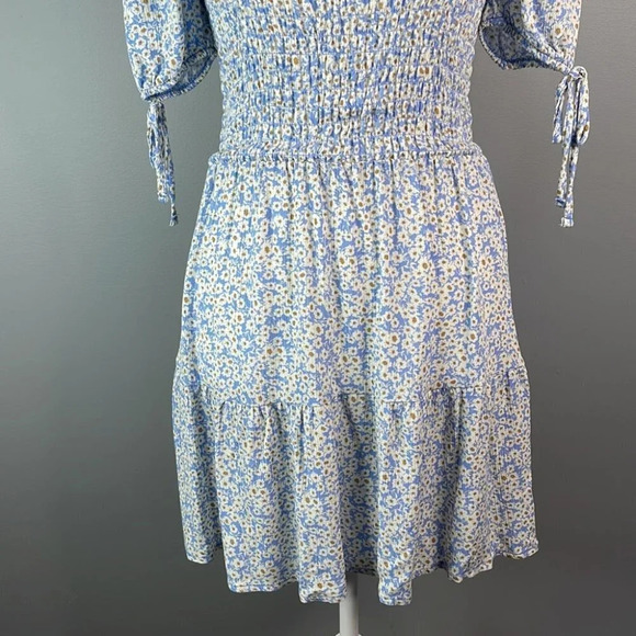Y2K AEROPOSTALE Floral Mini Dress Blue Tier Off The Shoulder Smock Ditsy S - Picture 4 of 11